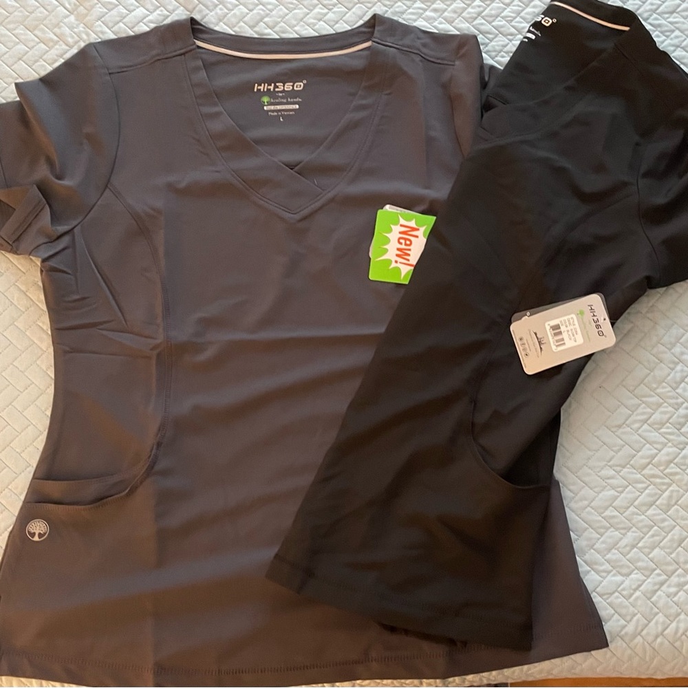 2 Healing Hands 360 Sloan Scrub Tops Size L - 1 Black / 1 Pewter